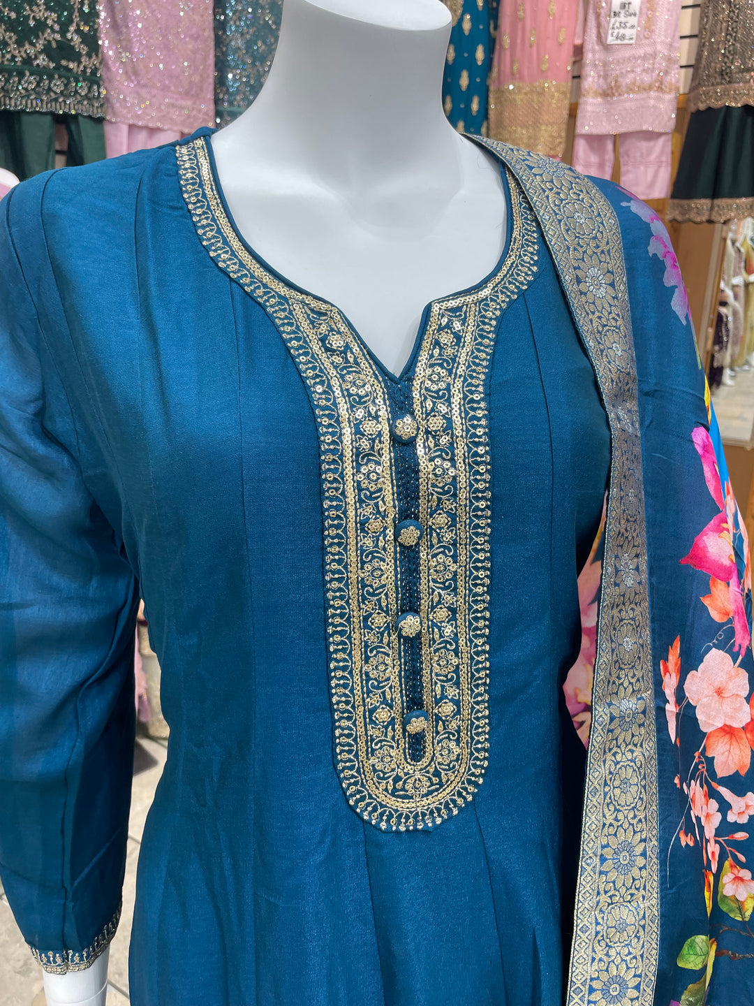 Isra – Blue Bhagalpuri Silk Anarkali with Digital Print Dupatta – 2 Pcs