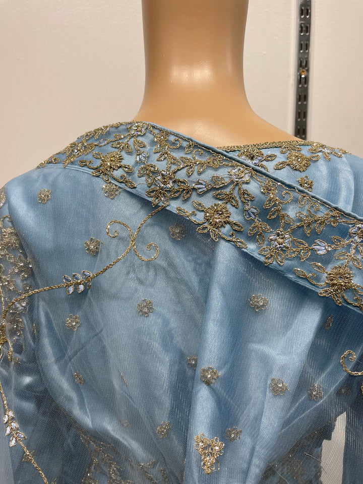 Yusra - Sky Blue Heavy Embroidered Net Party Gown with White Gold Embroidered - 3pcs