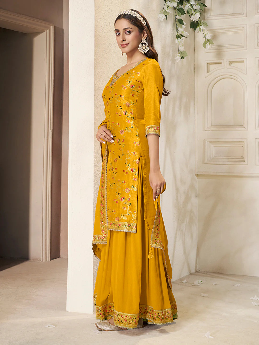 Sitara – Yellow Dola Silk Floral Jacquard Kurta with Plazo & Dupatta – 3 Pcs
