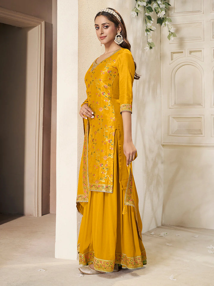 Sitara – Yellow Dola Silk Floral Jacquard Kurta with Plazo & Dupatta – 3 Pcs