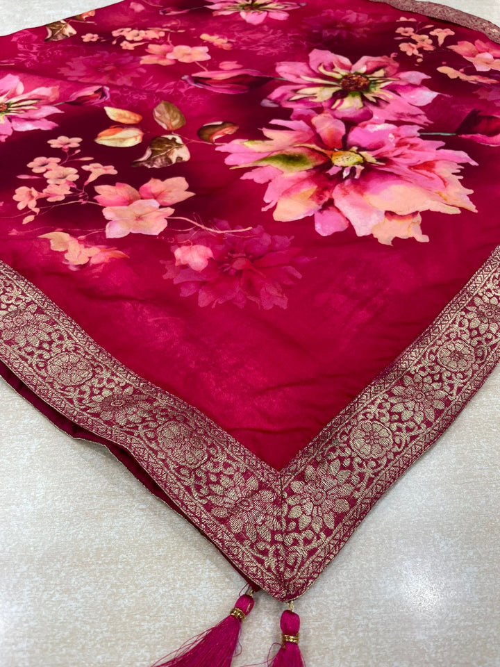 Floral Elegance – Cerise Pink Digital Print Dupatta with Zari Border
