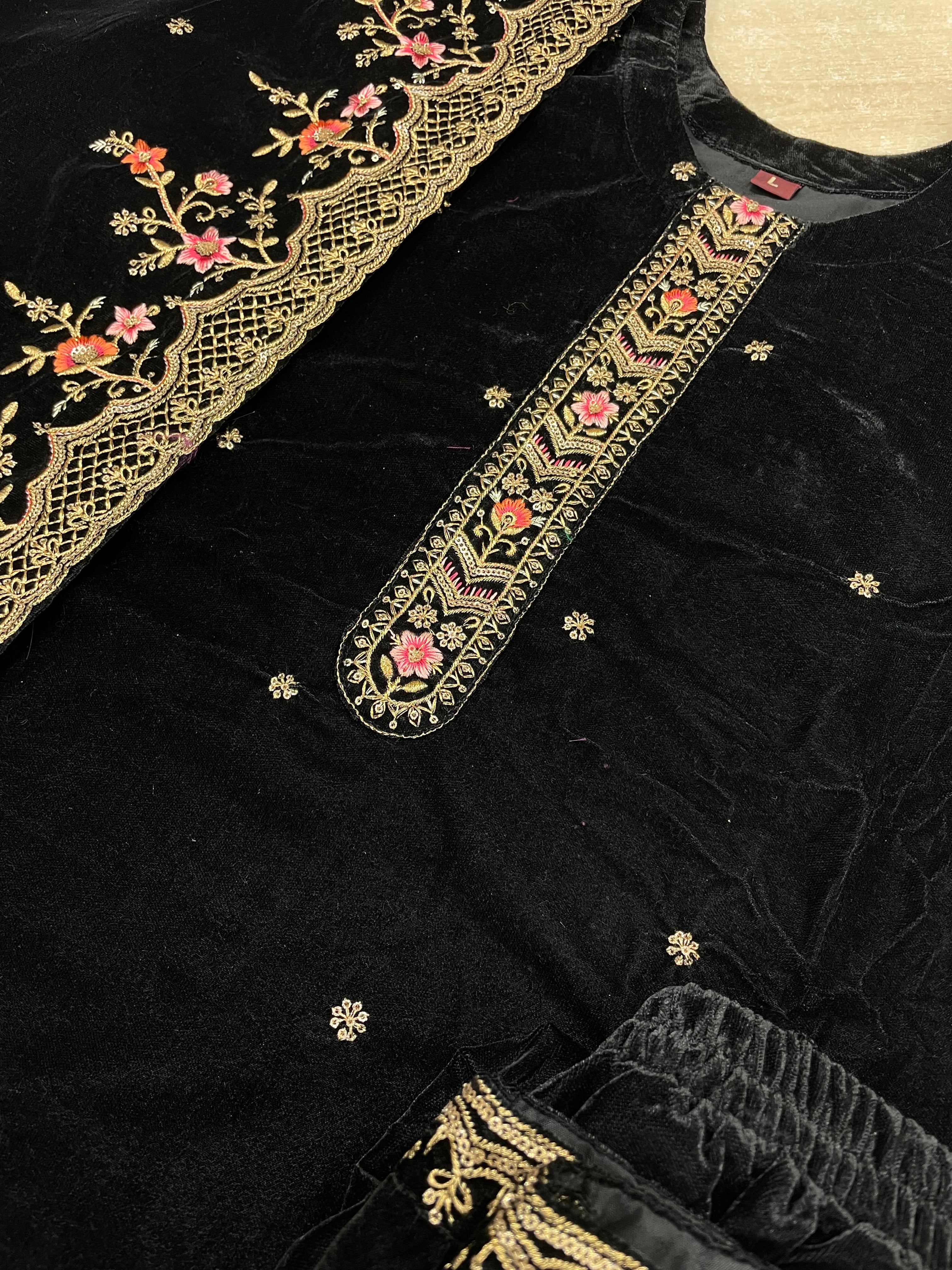 Black Velvet Kameez - Embroidered & Gem work - 3Pcs