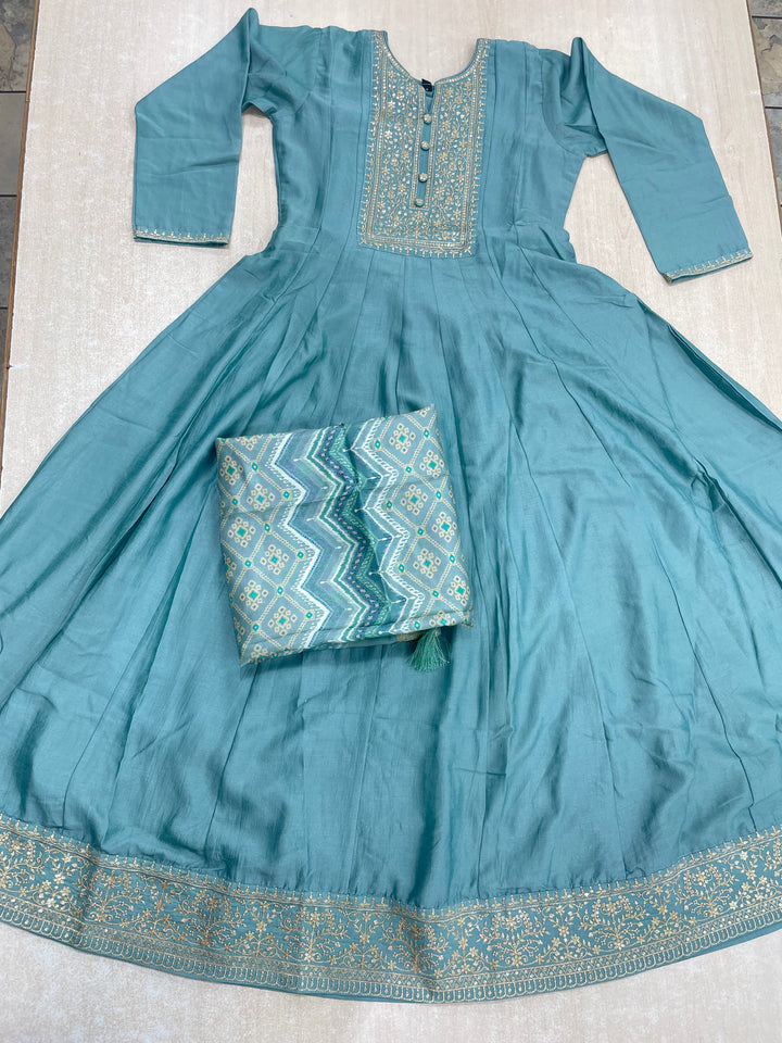 Yasmin - Dusky Turquoise Bhagalpuri Silk Frock with Digital Print Dupatta - 2pcs