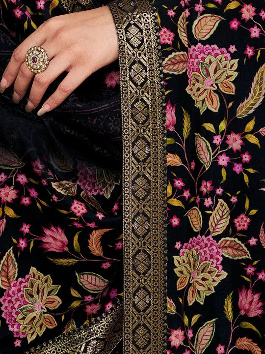 Sara – Black Russian Silk Kurta Set with Digital Print Work Paired with Russian Silk Digital Printed Duppatta – 3 Pcs