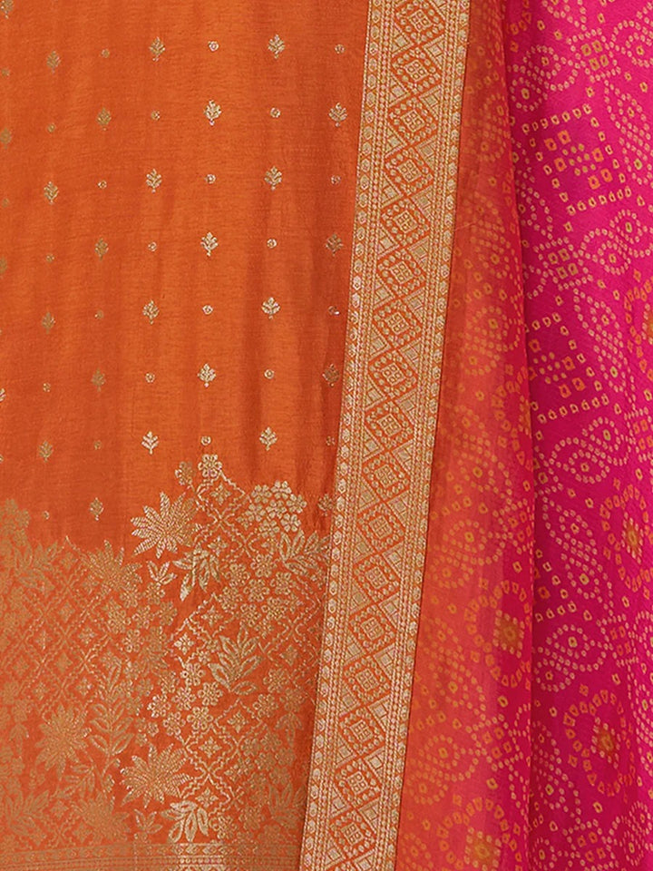 Kiran – Orange Dola Silk Kurta Set with Jacquard Detailing and Intricate Embroidery, Paired with a Cherry Silk Dupatta – 3 Pcs