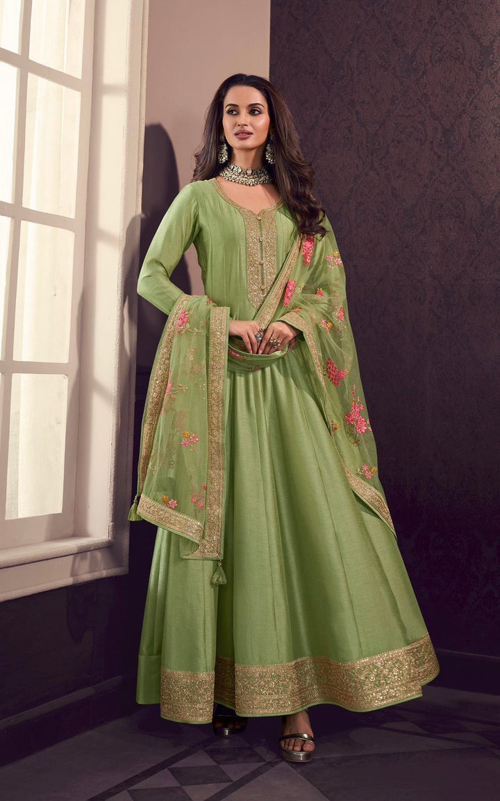 Marwah - Green Embroidered Anarkali with Net Dupatta - 3 Pcs