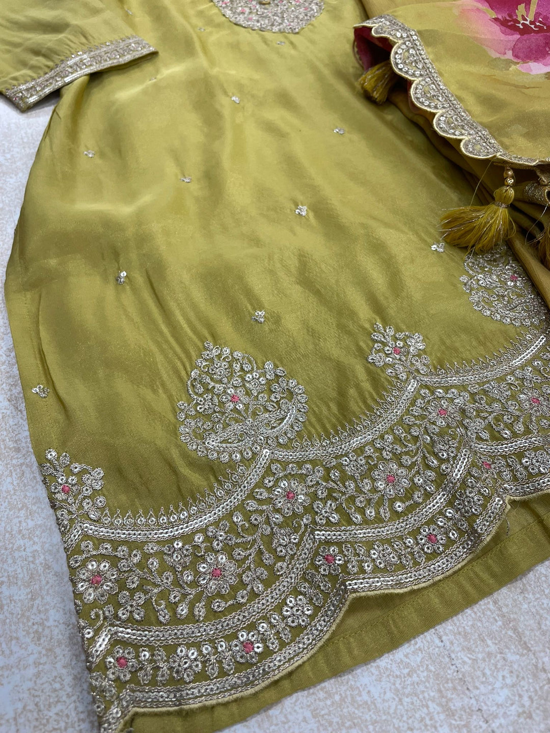 Elham – Mustard Masoori Embroidered Suit Set with Printed Dupatta - 3pcs