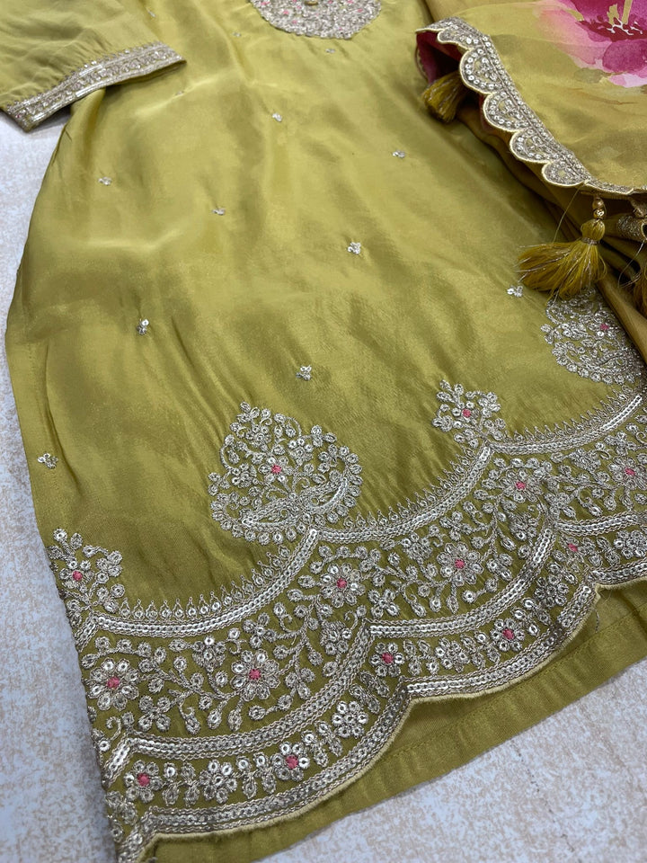 Elham – Mustard Masoori Embroidered Suit Set with Printed Dupatta - 3pcs