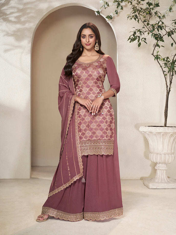 Abeer – Pastel Burgundy Dola Silk Printed Kurta with Sequinned Plazo Dupatta – 3 Pcs