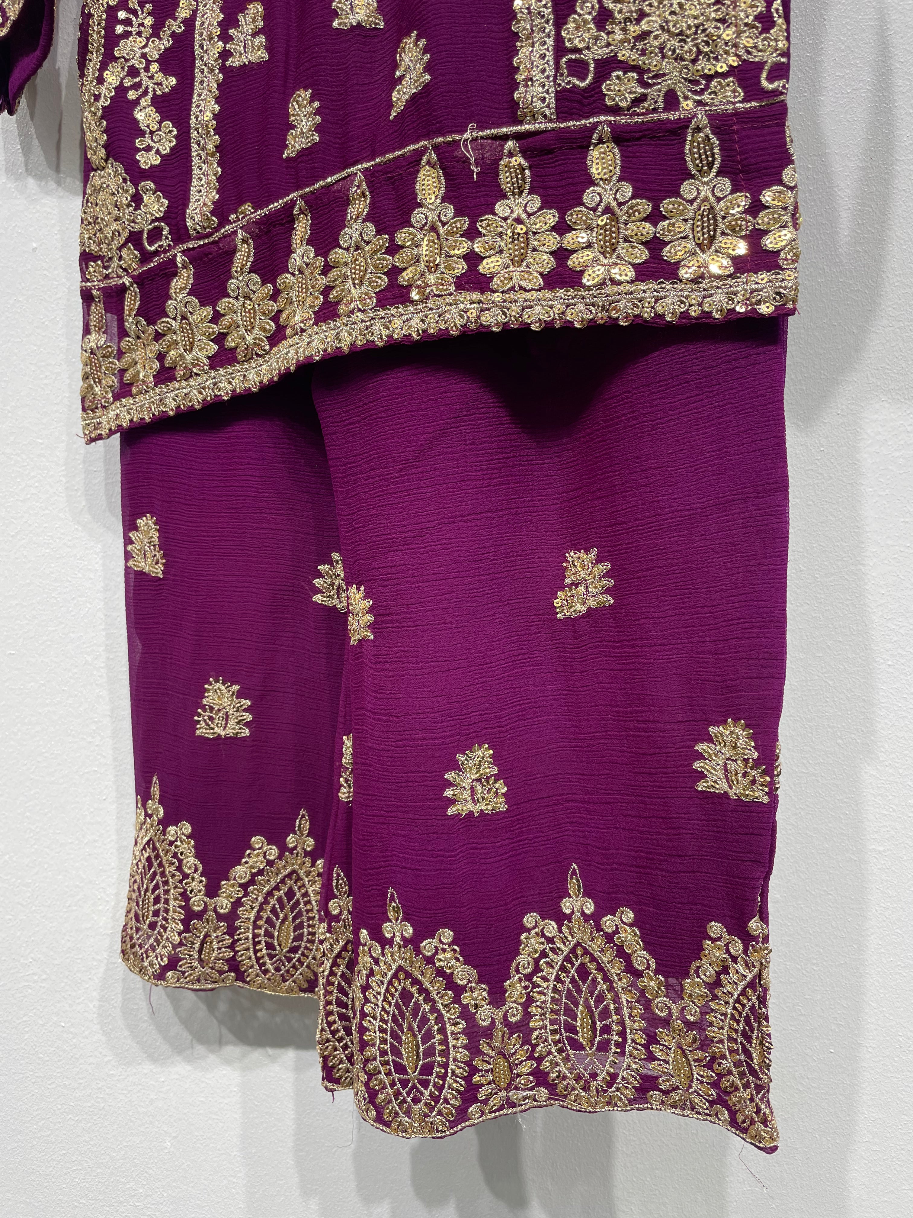 Light Purple Chiffon Plazo - Gold Embroidery - 3Pc