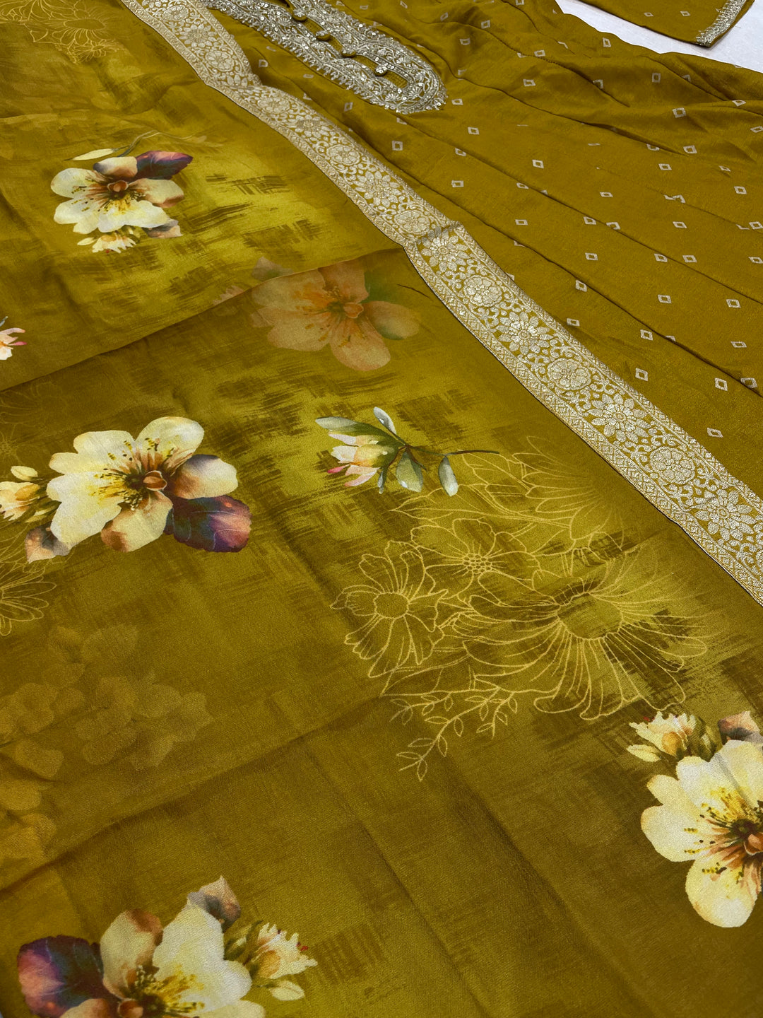 Iman - Mustard Silk embroidered Anarkali with digital print scarf - 3 Pcs