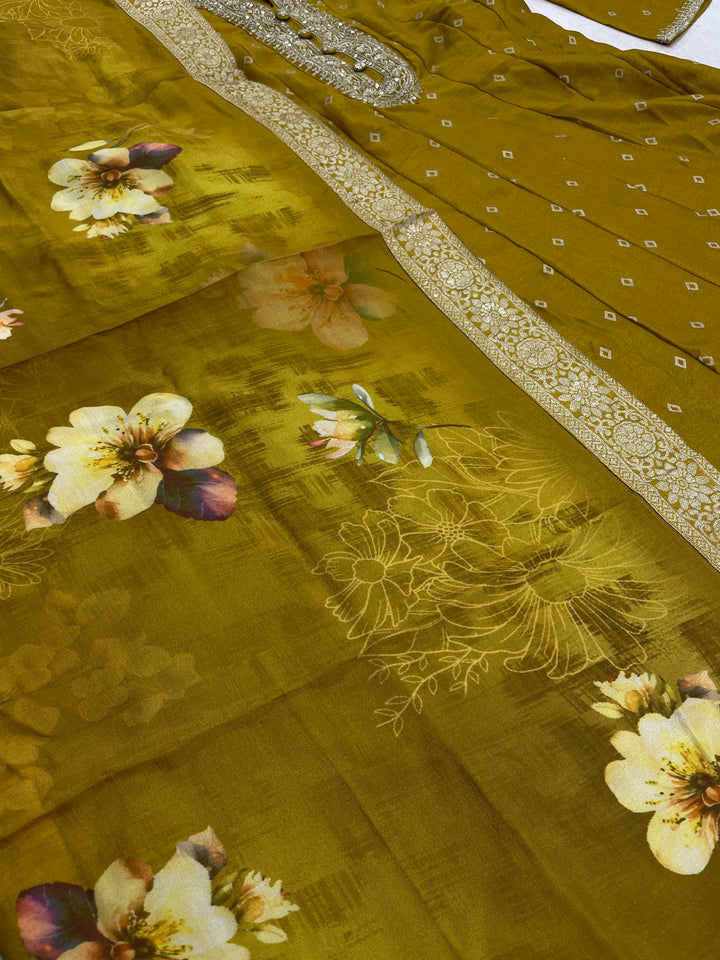 Iman - Mustard Silk embroidered Anarkali with digital print scarf - 3 Pcs
