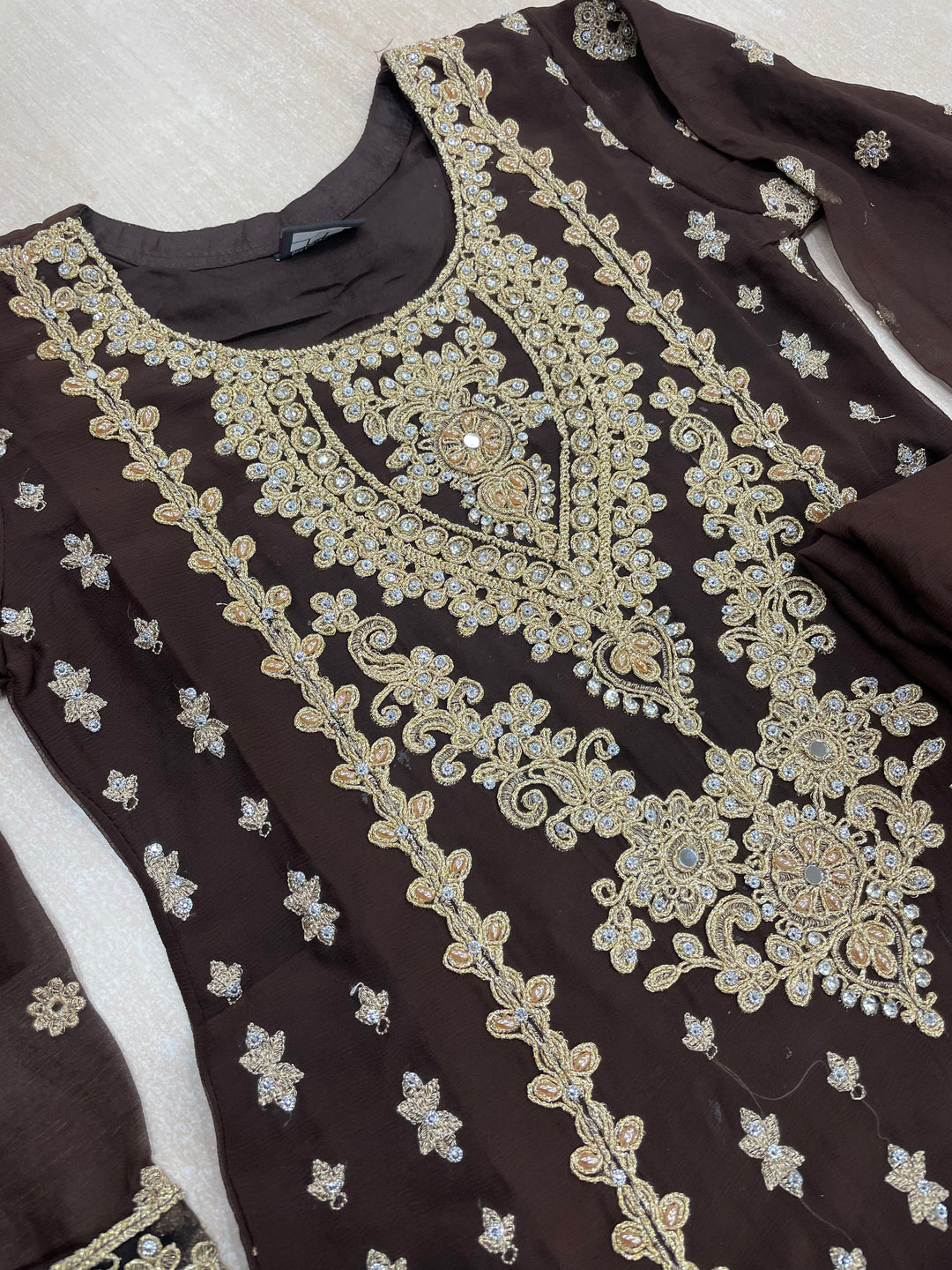 Aisha - Brown embroidered Plazo - Gold Embroidered & Gem work - 3Pcs