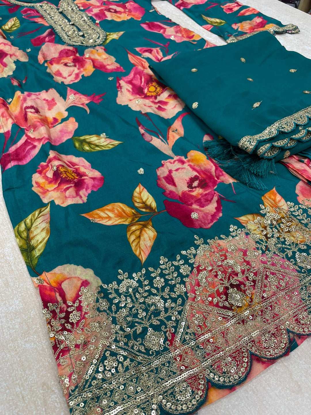 Nura - Teal - Pure Silk Printed Plazo Kameez with Georgette Dupatta - Co-ord - 3pcs
