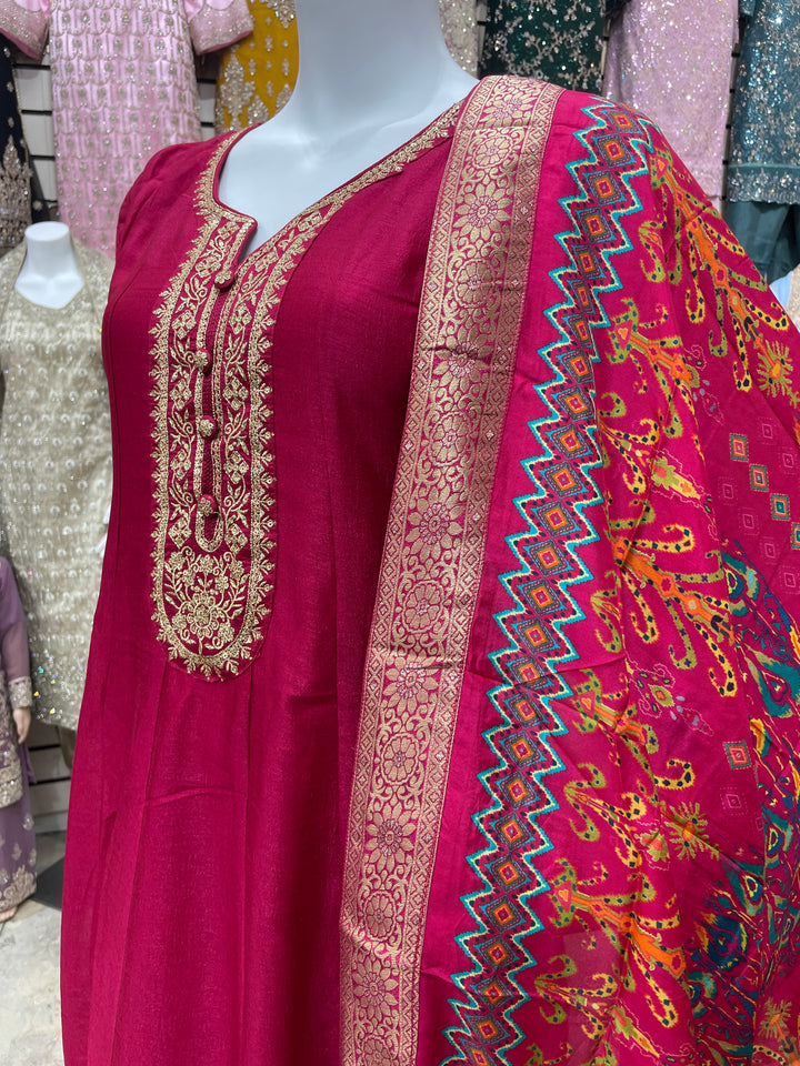 Dunya – Cerise Pink Bhagalpuri Silk Anarkali with Digital Print Dupatta – 2 Pcs