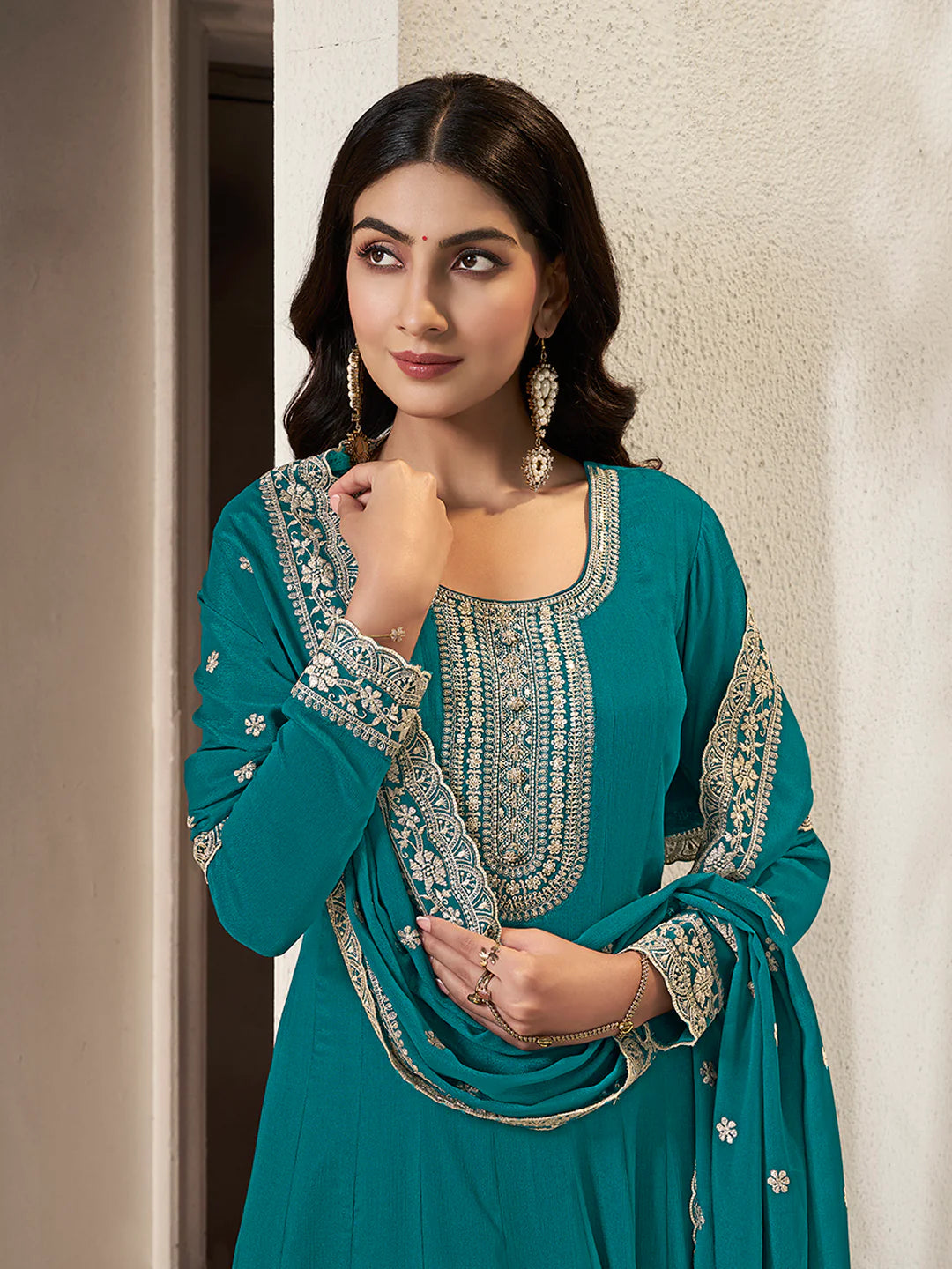 Nureh – Teal Chinon Embroidered Anarkali Suit with Scalloped Dupatta - 2pcs