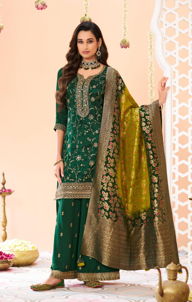 Aleeza – Dark Green Silk Embroidered Set with Jacquard Dupatta - 3pcs