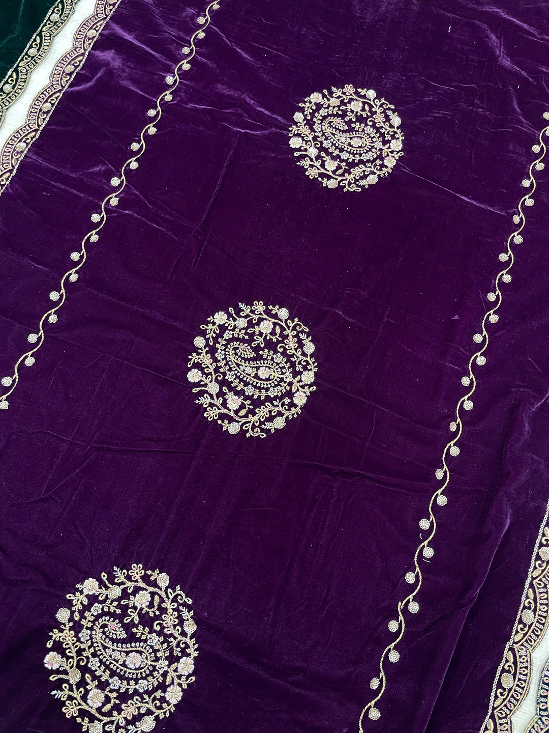 Qamar - Purple Velvet Kameez - Embroidered & Gem work - 3Pcs