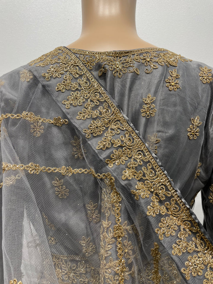 Meher - Grey Heavy Embroidered Gown with Front Split - 3pcs