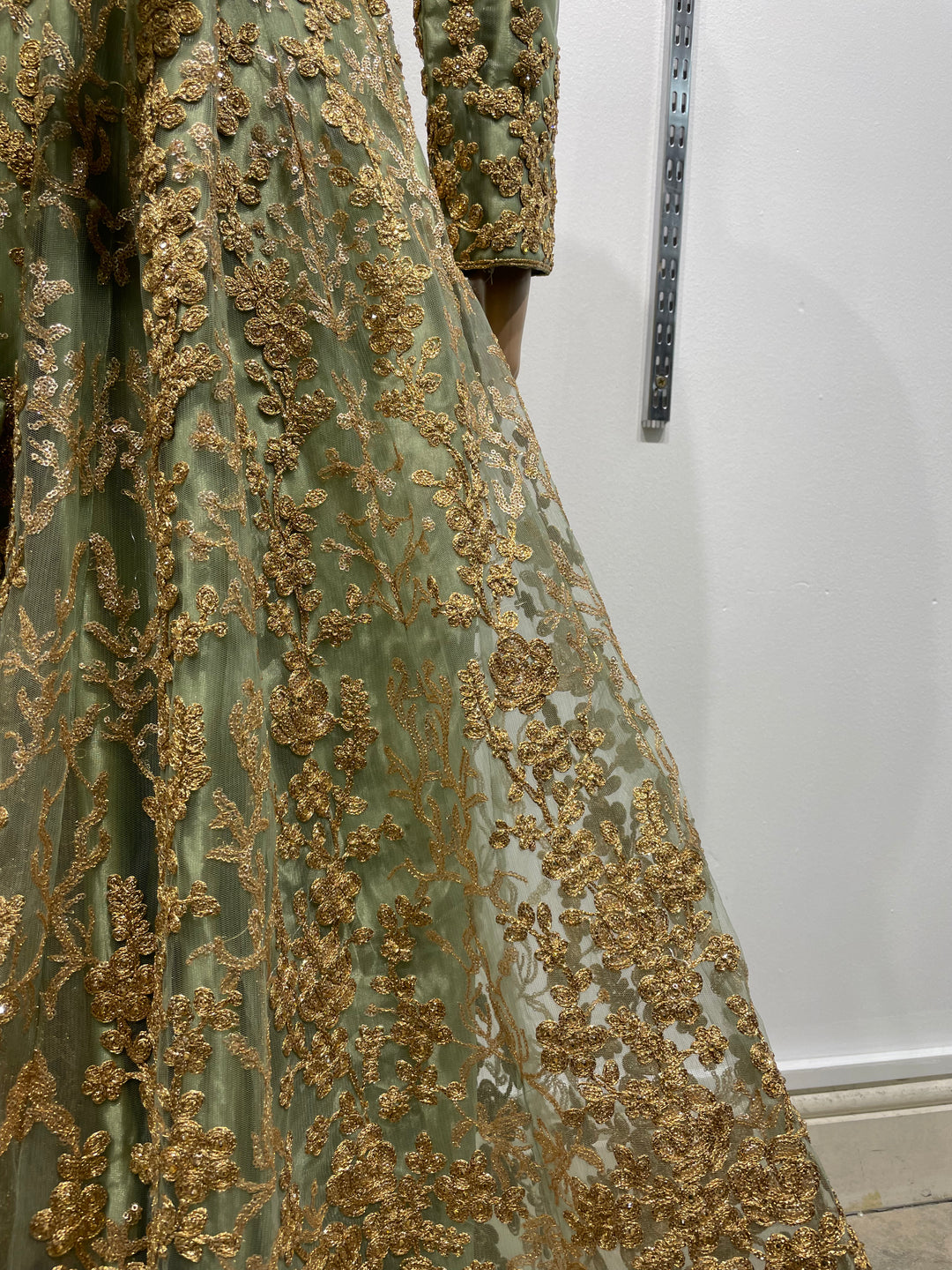 Meher - Mendhi Green Heavy Embroidered Gown with Front Split - 3pcs