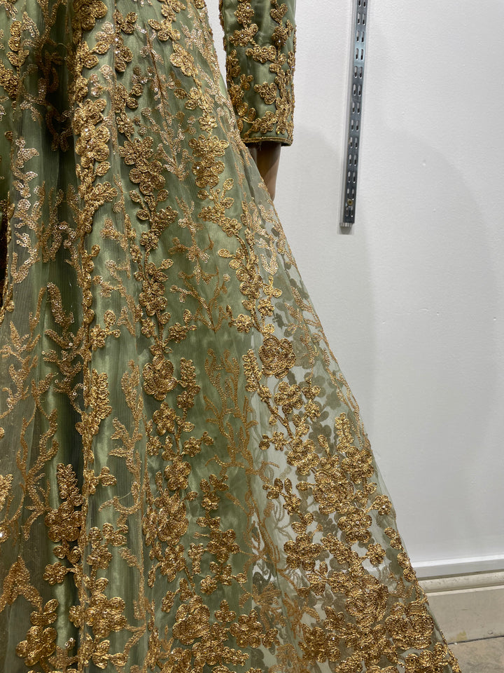 Meher - Mendhi Green Heavy Embroidered Gown with Front Split - 3pcs