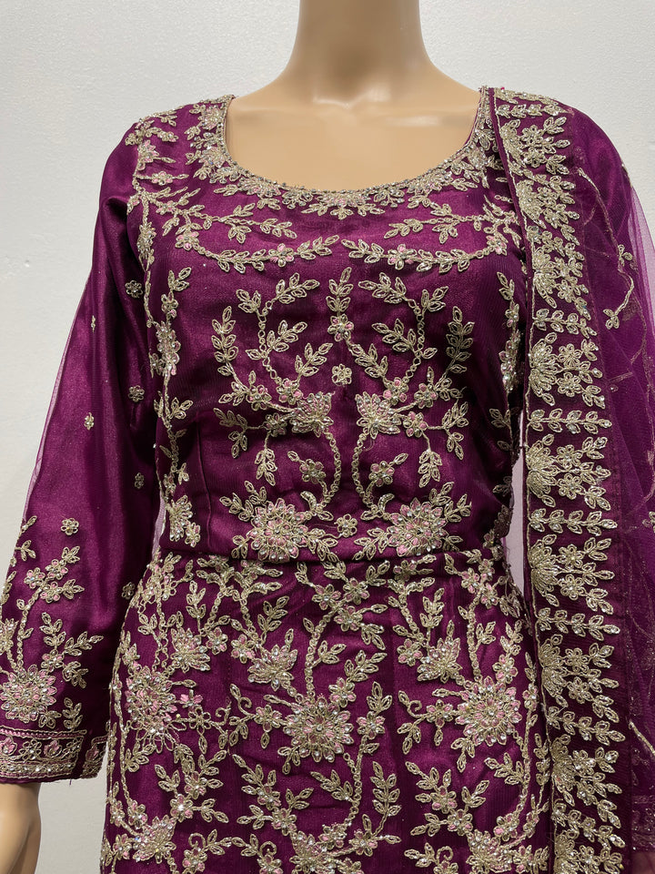 Safiya - Purple Heavy Embroidered Net Gown with Net Scarf - 3pcs