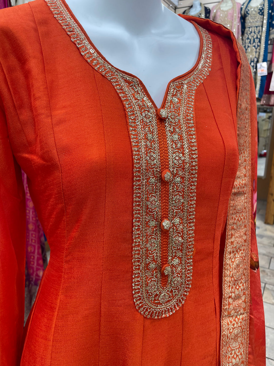 Isra – Orange Bhagalpuri Silk Anarkali with Digital Print Dupatta – 3 Pcs