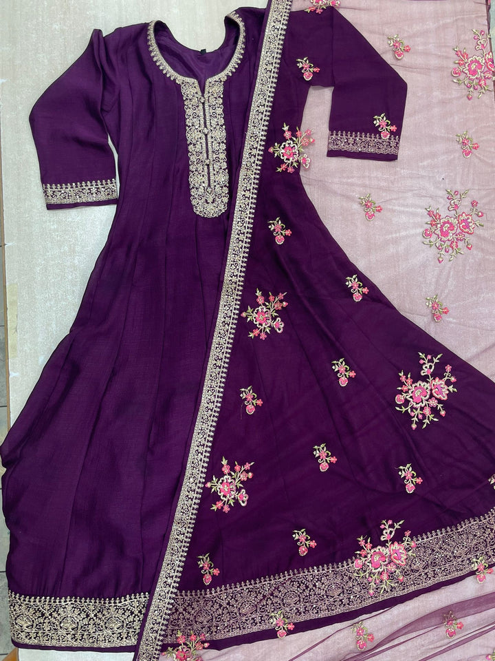 Marwah - Purple Embroidered Anarkali with Net Dupatta - 3 Pcs