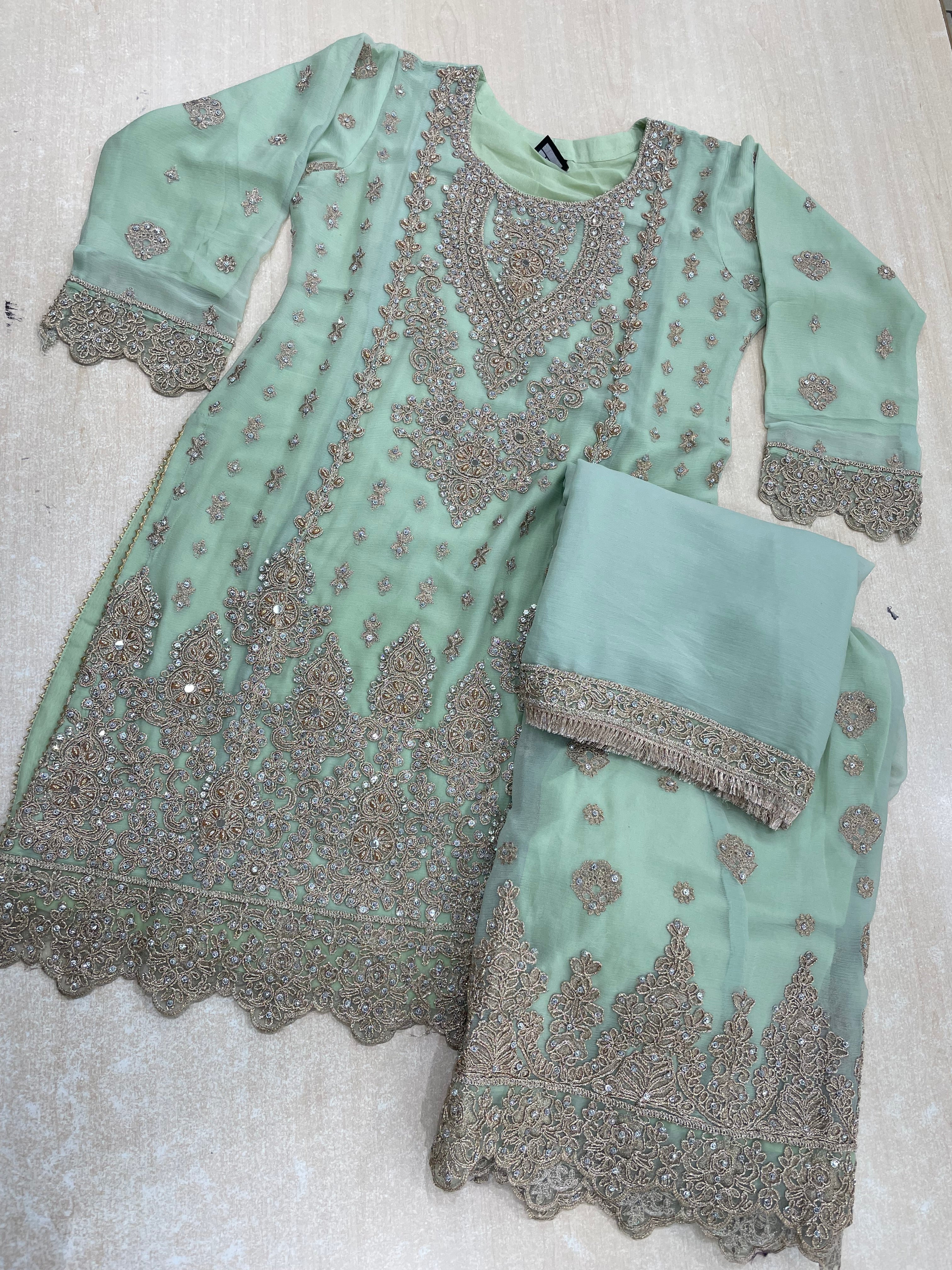 Mint Green embroidered Plazo - Rose Gold Embroidered & Gem work - 3Pcs