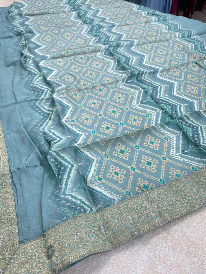 Yasmin - Dusky Turquoise Bhagalpuri Silk Frock with Digital Print Dupatta - 2pcs