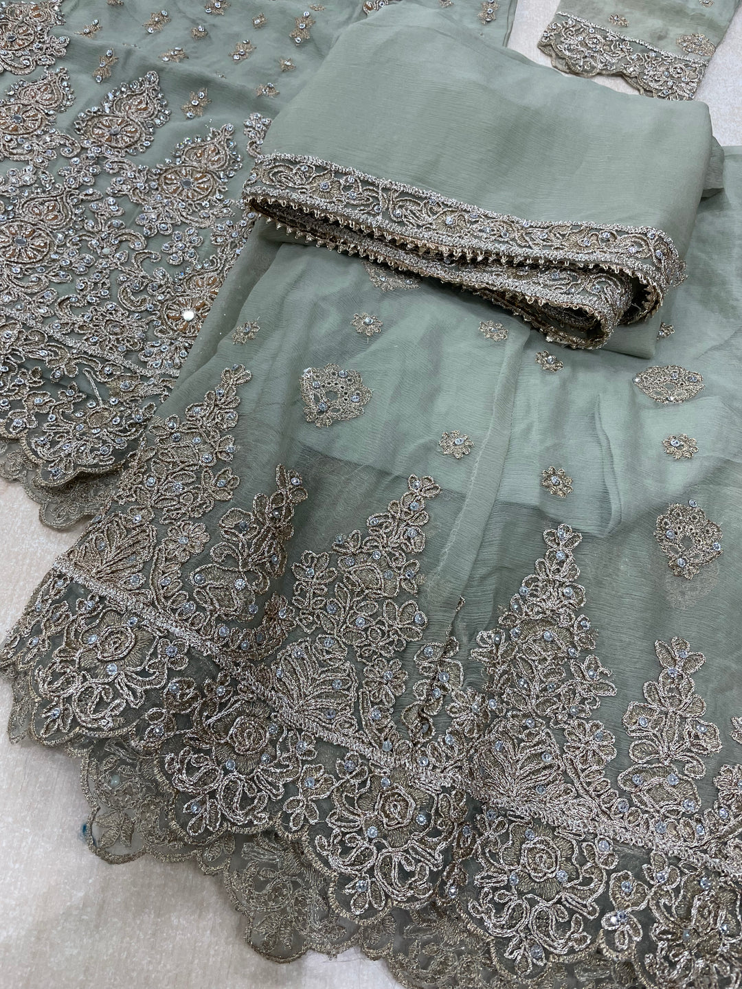 Aisha - Sage Green embroidered Plazo - Rose Gold Embroidered & Gem work - 3Pcs