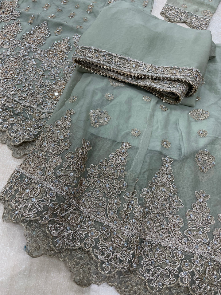 Aisha - Sage Green embroidered Plazo - Rose Gold Embroidered & Gem work - 3Pcs