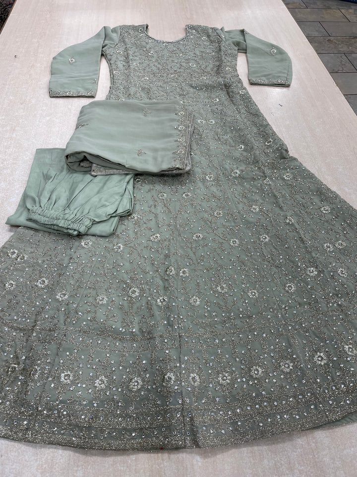 Amani - Sage Green Heavy Embroidered Chiffon Gown - White Gold Embroidery - 3pcs