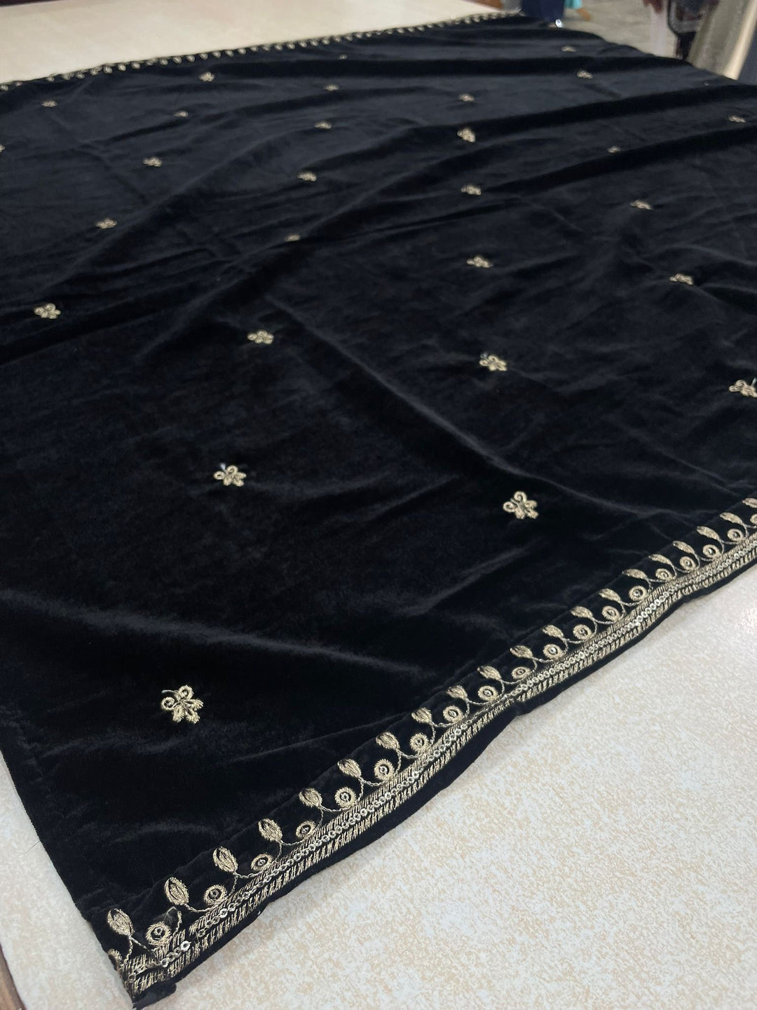 Noura - Black Velvet Kameez - Embroidered & Gem work - 3Pcs