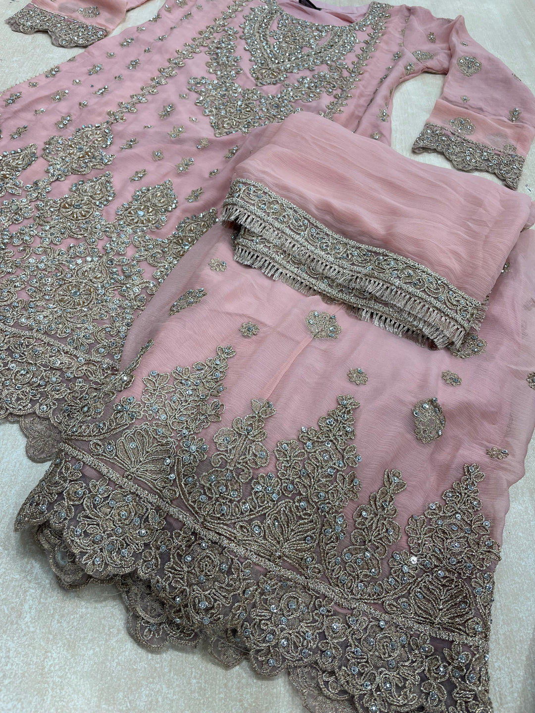 Aisha - Pink embroidered Plazo - Rose Gold Embroidered & Gem work - 3Pcs