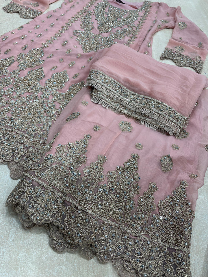 Aisha - Pink embroidered Plazo - Rose Gold Embroidered & Gem work - 3Pcs