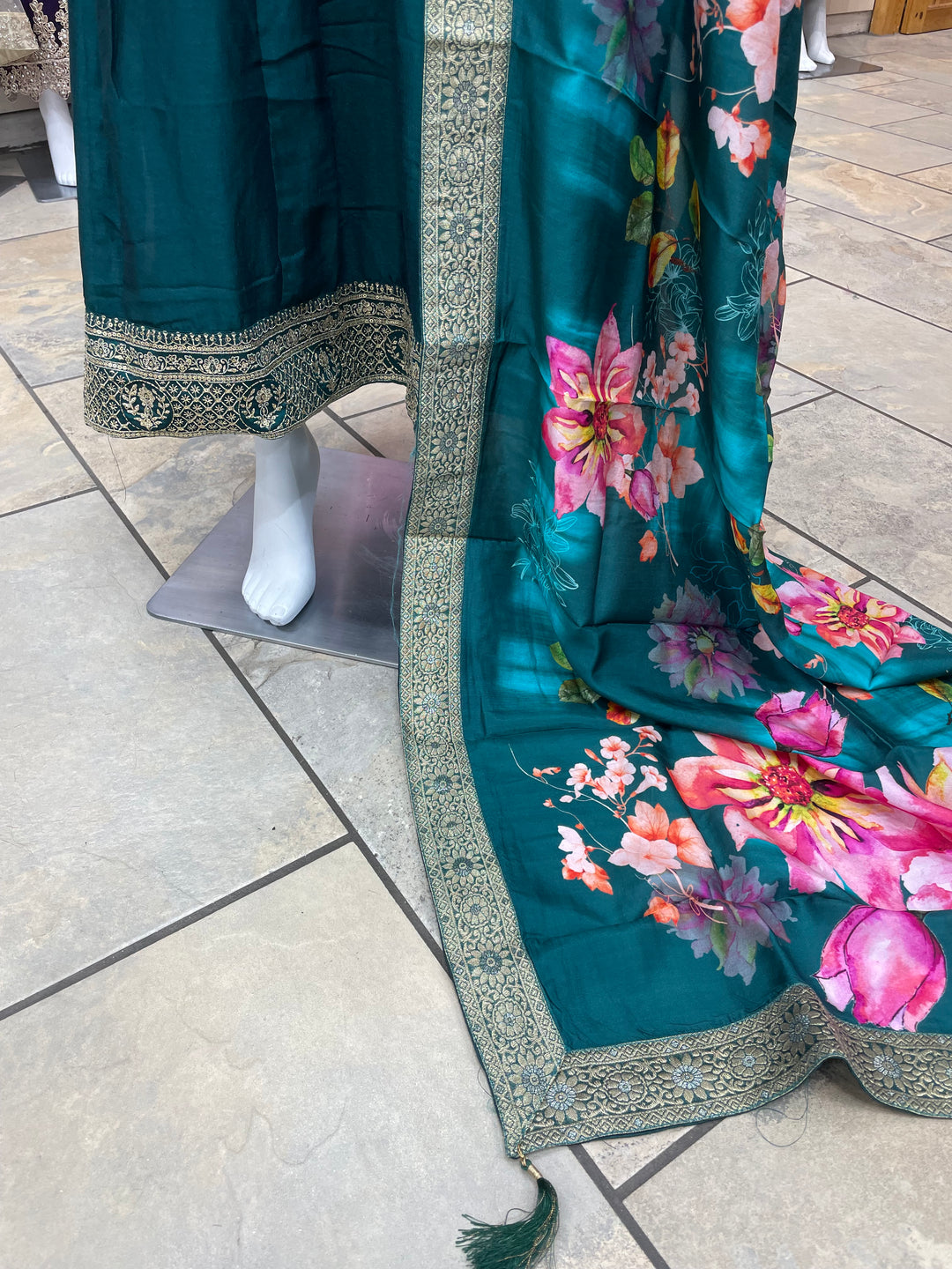 Isra – Teal Green  Bhagalpuri Silk Anarkali with Digital Print Dupatta – 2 Pcs