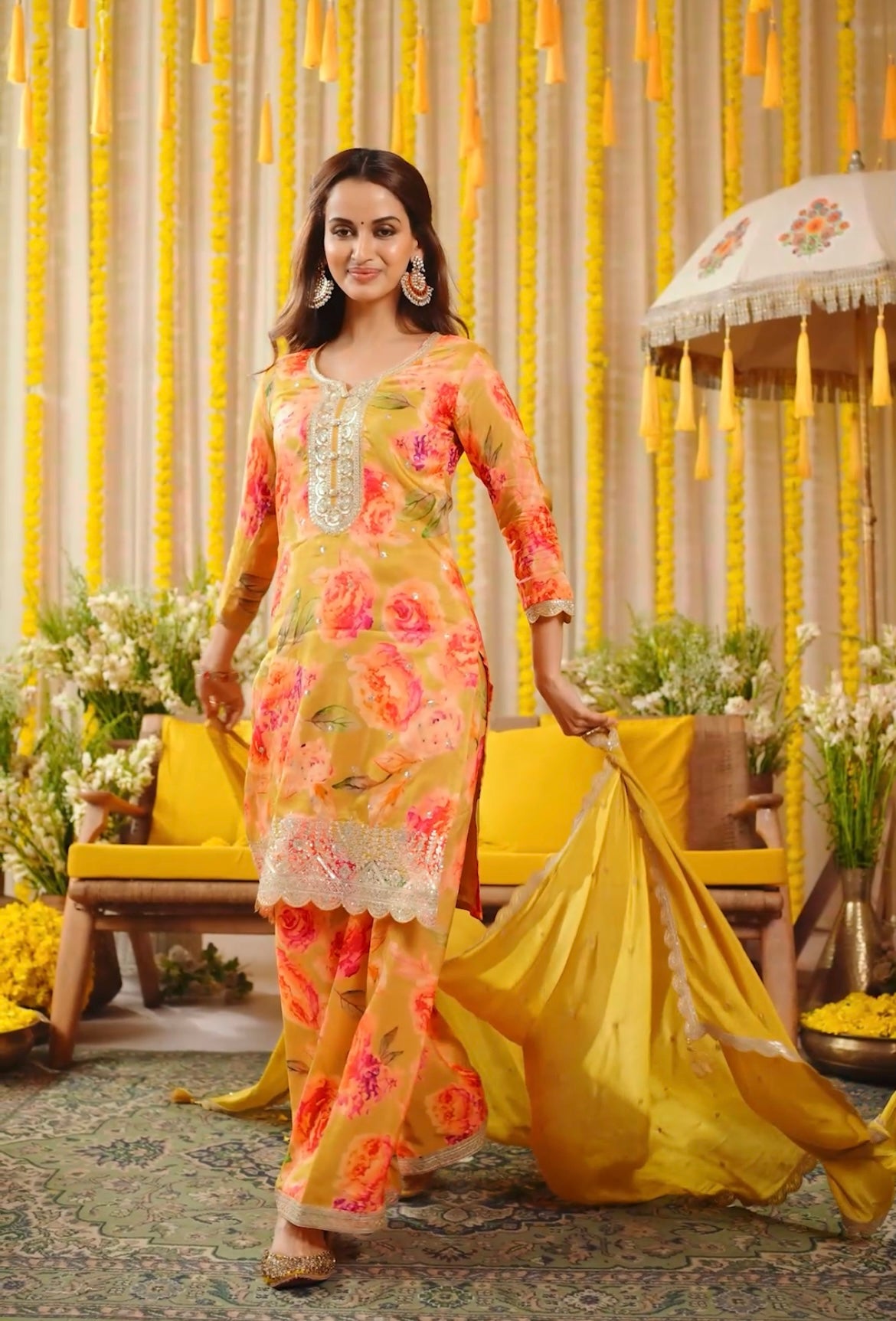 N7 - Mustard - Pure Silk Plazo Kameez with Georgette Dupatta - 3pcs