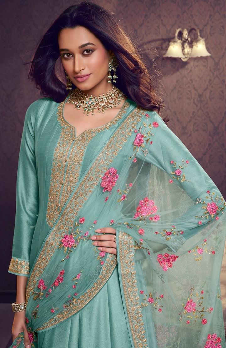 Marwah - Turquoise Embroidered Anarkali with Net Dupatta - 3 Pcs