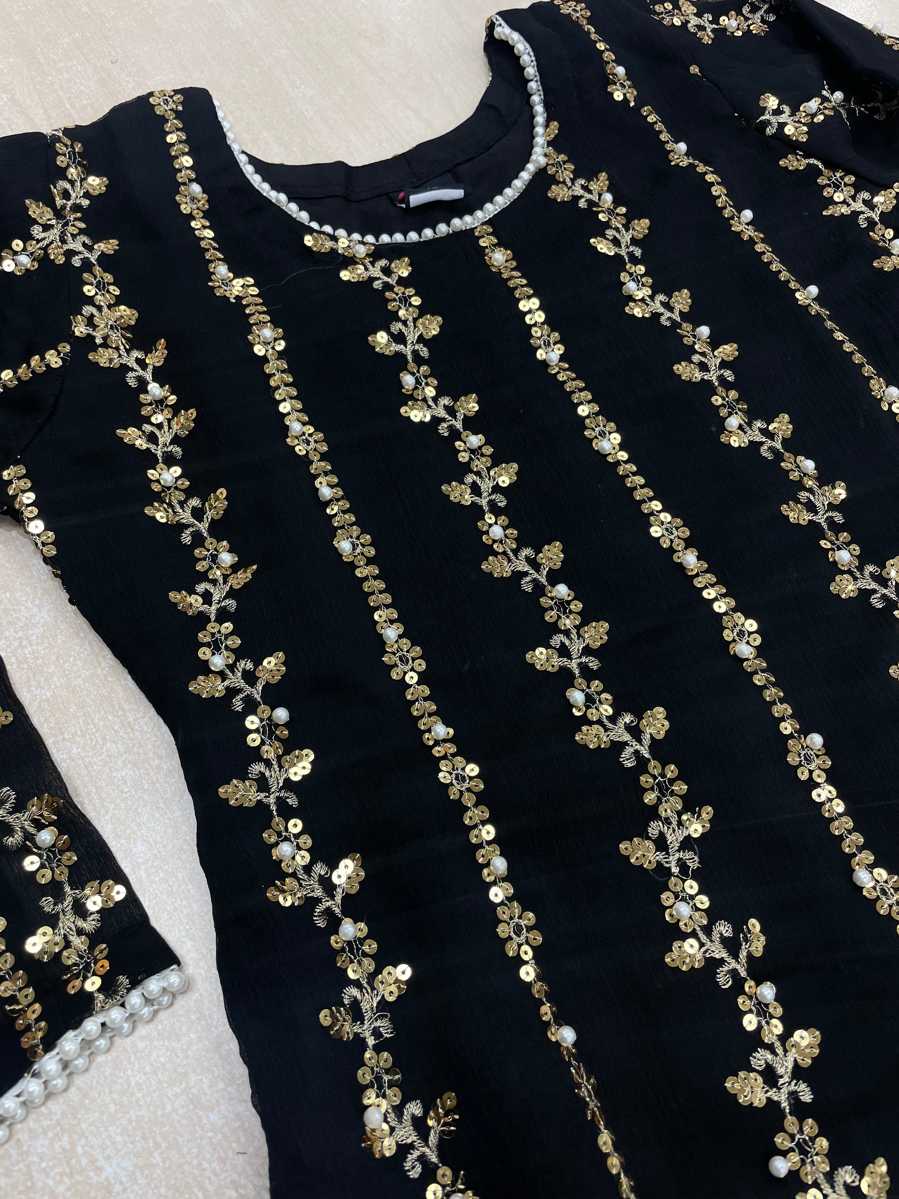 Black Chiffon Shalwar kameez with Gold Embroidery & Gem work - 3pcs