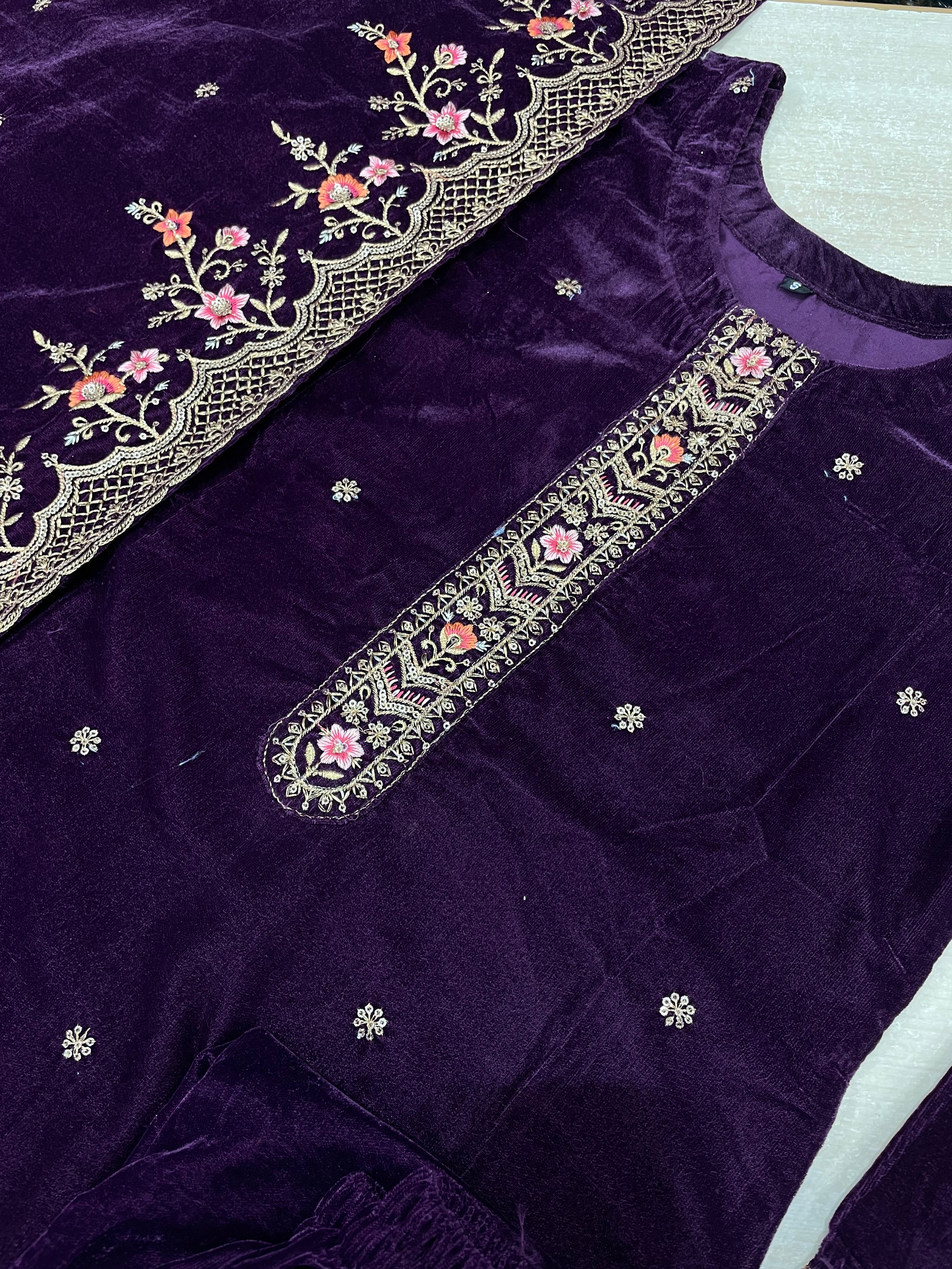 Purple Velvet Kameez - Embroidered & Gem work - 3Pcs