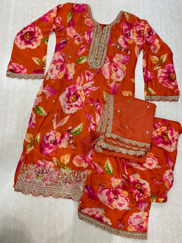 Nura - Burnt Orange - Pure Silk Printed Plazo Kameez with Georgette Dupatta - Co-ord - 3pcs
