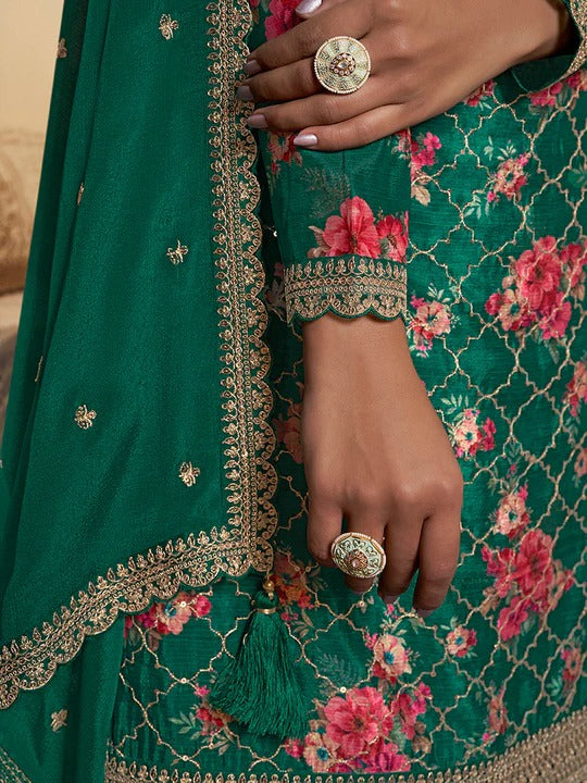 Jawaria – Green Digital Floral Printed Embroidered Sharara Suit Set – 3 Pcs