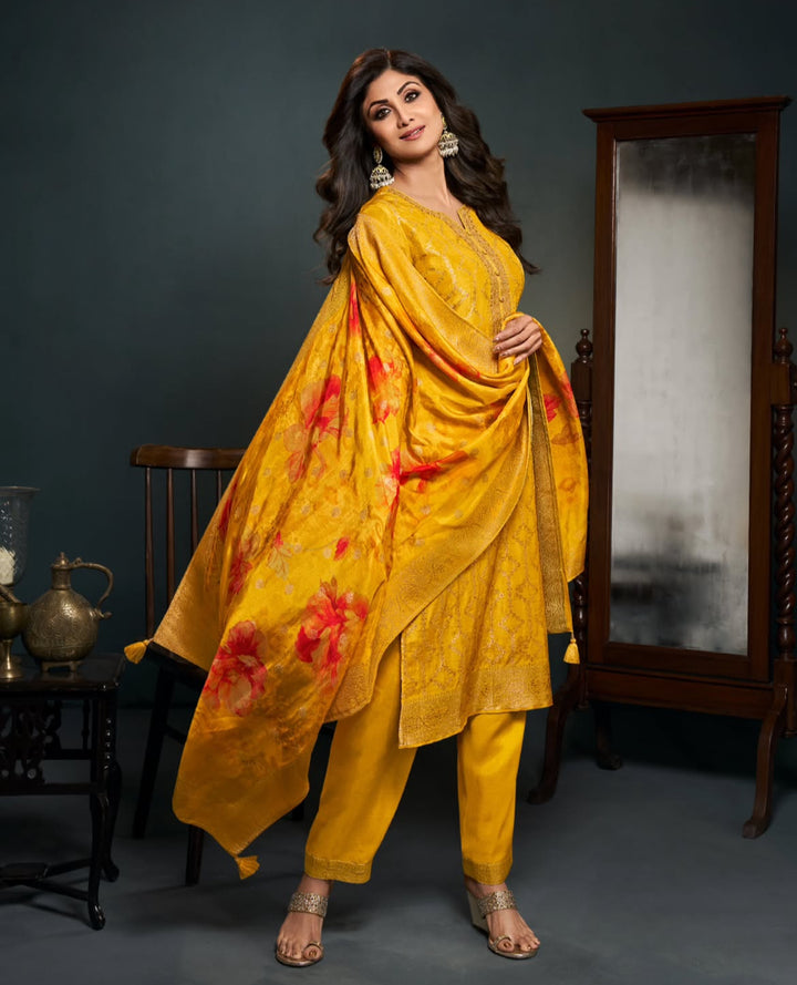 Aleena -Mustard Yellow Pure Viscose Dola with Embroidery Work & Digital Print Scarf - 3 Pcs