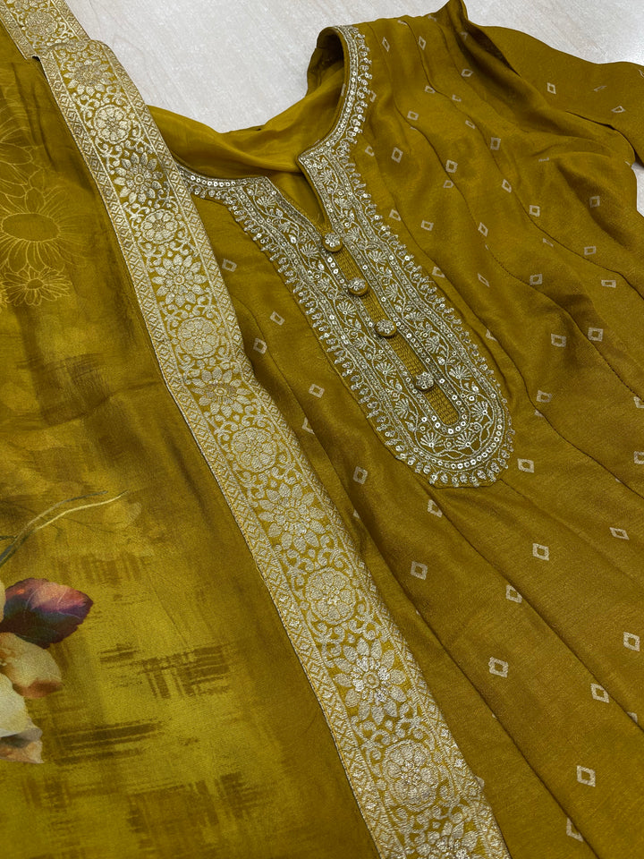 Iman - Mustard Silk embroidered Anarkali with digital print scarf - 3 Pcs