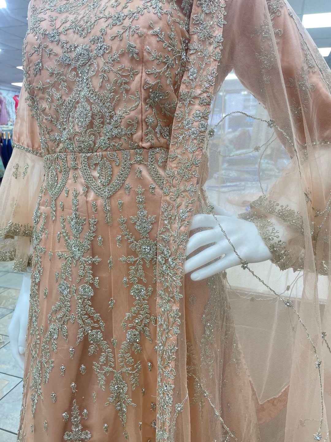 Jannah - Peach Heavy Embroidered Net Party Gown with Bell Sleeves/White Gold Embroidered - 3pcs