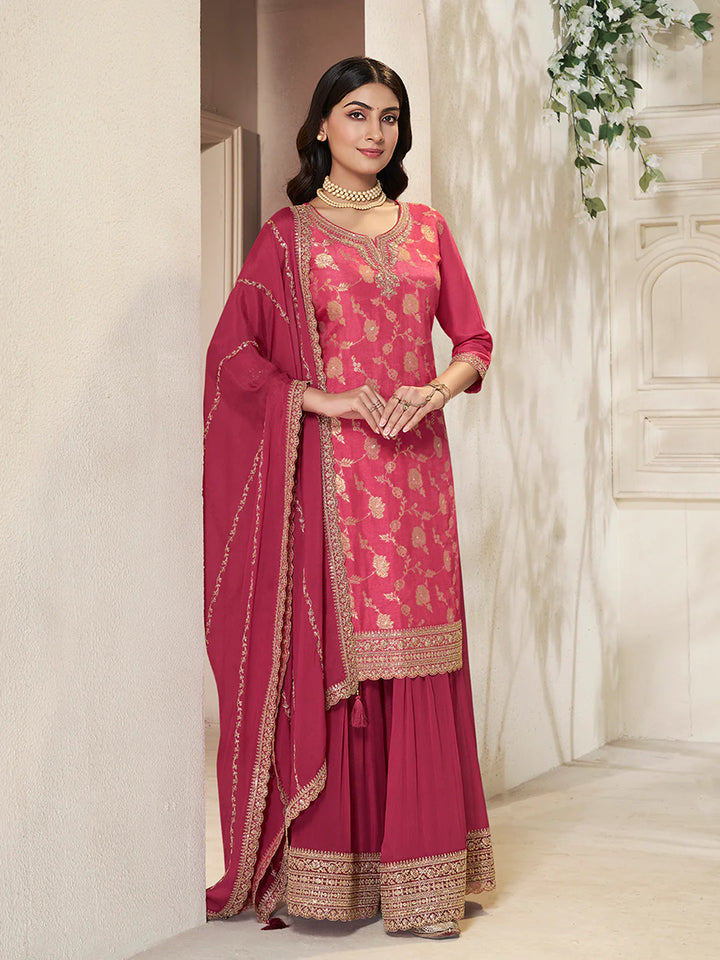 Sareen – Pink Dola Silk Embroidered Straight Kurta with Sequinned plazo Dupatta – 3 Pcs