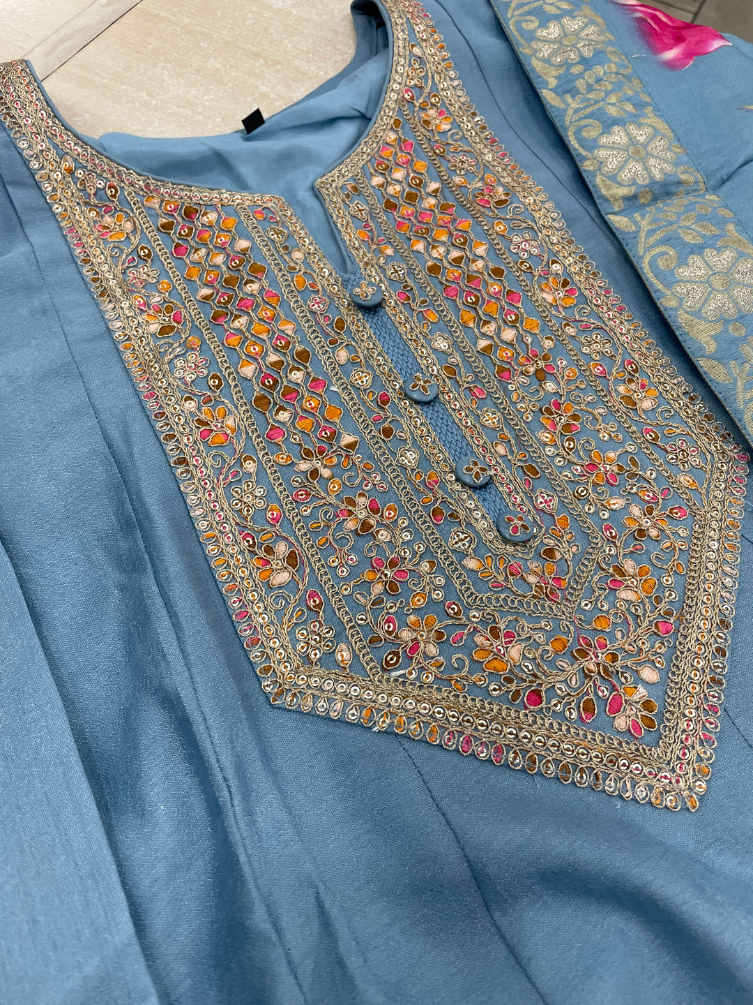 Aaliyah - Sky Blue embroidered anarkali With with print scarf - 3 Pcs