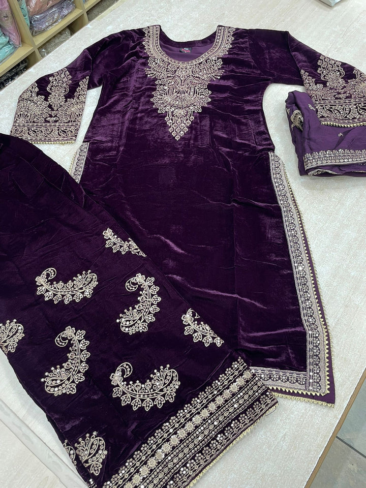 Zayrah - Purple Velvet Kameez with Plazo - Embroidered & Gem work - 3Pcs