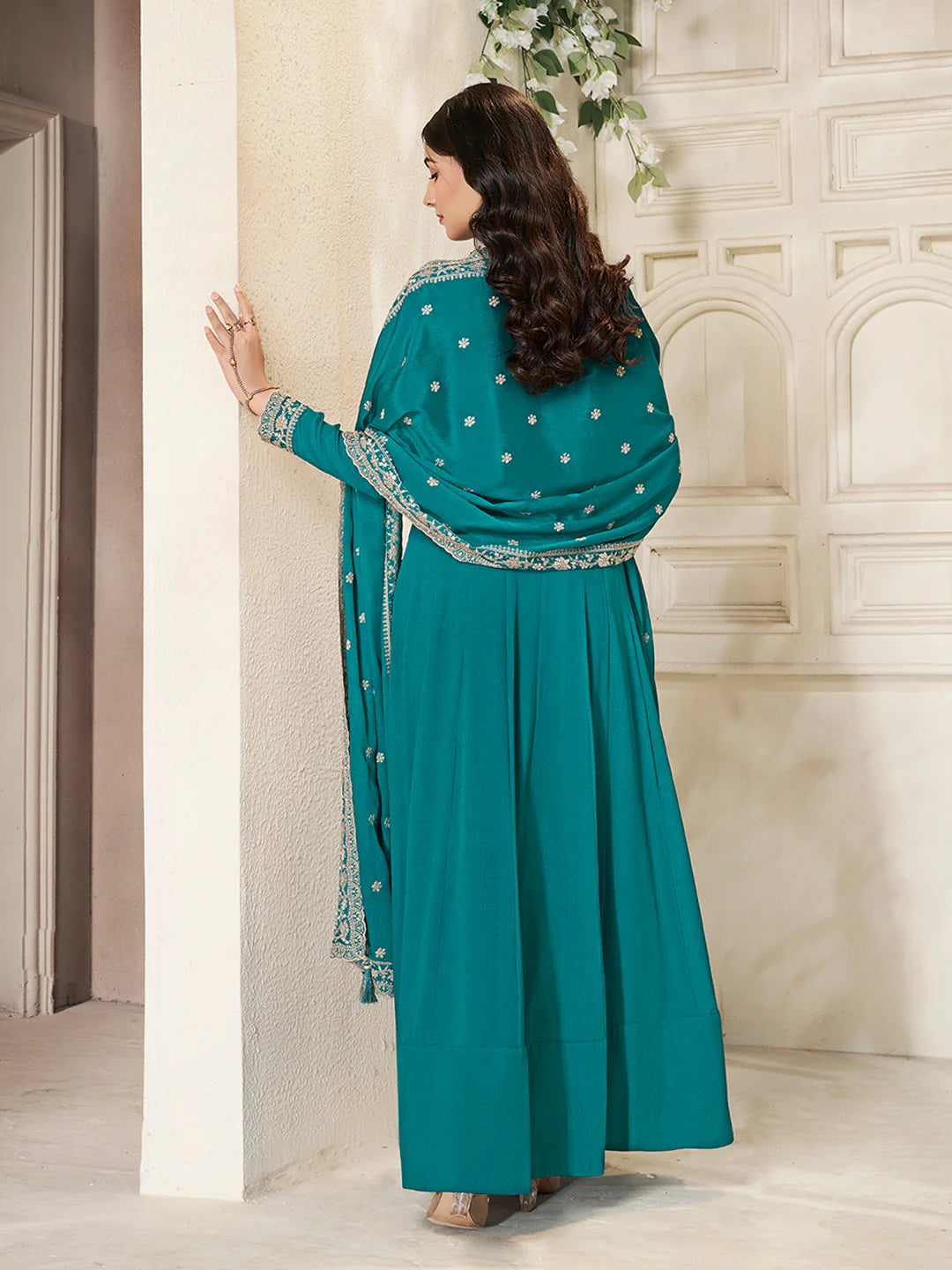 Nureh – Teal Chinon Embroidered Anarkali Suit with Scalloped Dupatta - 2pcs